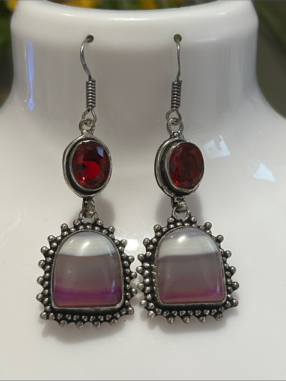 Botswana Agate Garnet Gemstone Drop Dangle Earrings